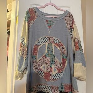 POL Multicolor Patchwork Peace Sign Sweatshirt